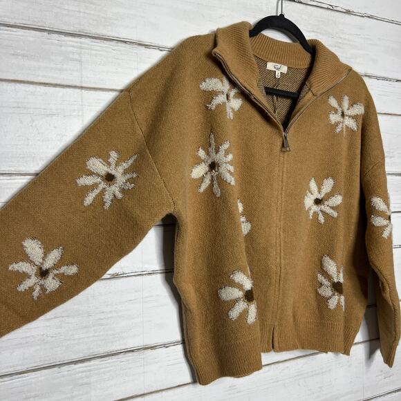 Easel Daisy Floral Zip Up Sweater Brown Tan Flower Knit Cardigan Size Small - Picture 7 of 7